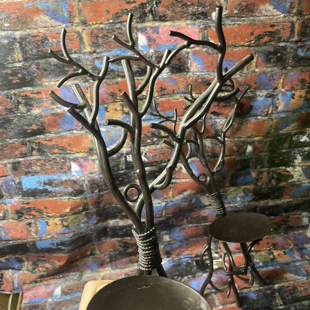 Pair Vintage Wrought Iron Wall Candle Holders Tree Branch Brutalist Rustic 16